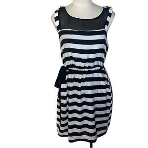 Momteau Striped‎ Sheer Neckline Cinched Waist Black White Dress Size Large